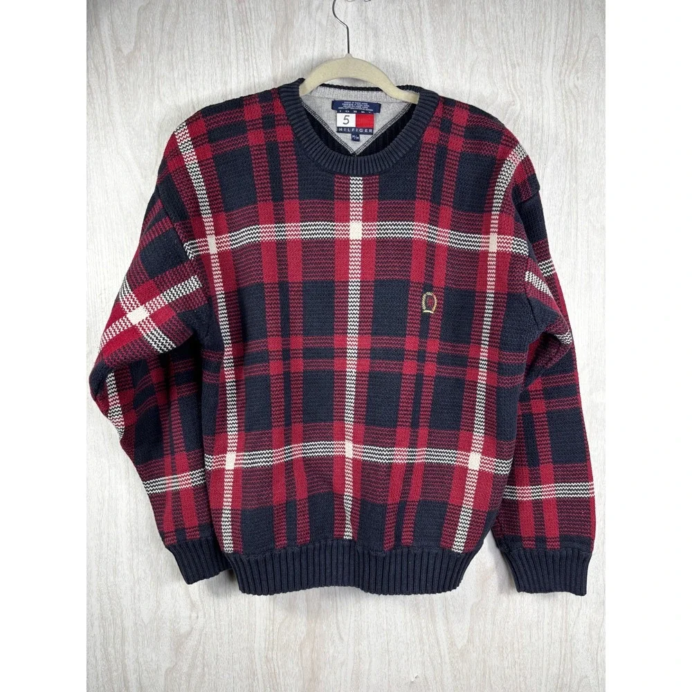 Tommy Hilfiger Plaid Sweater Mens M‎ Red Navy Crest Logo Preppy Classic Knit